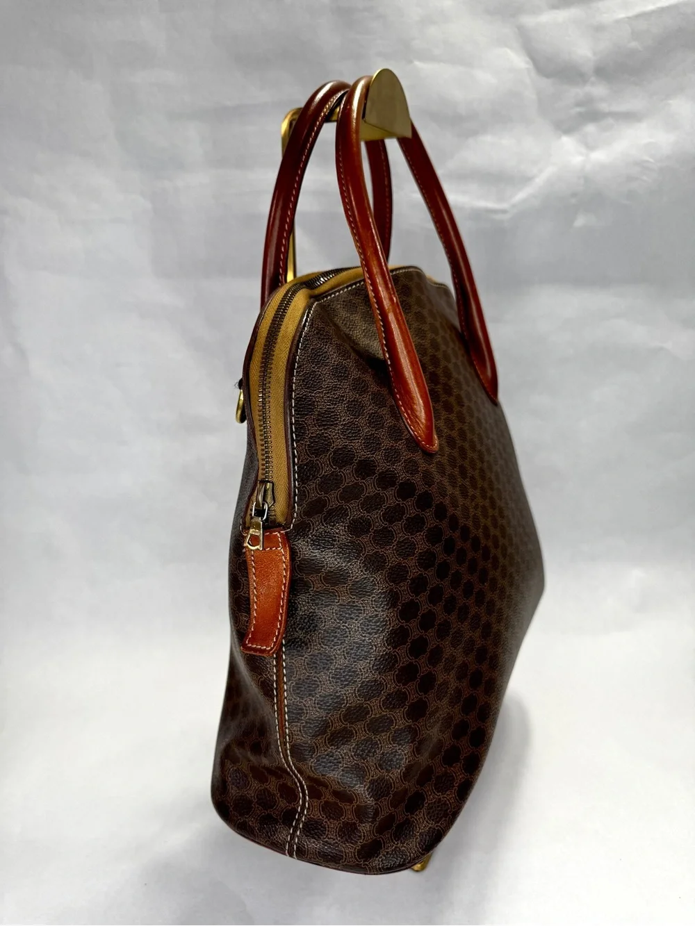 Vintage CELINE Macadam Boston Bag Brown Leather 2-Way Shoulder Satchel